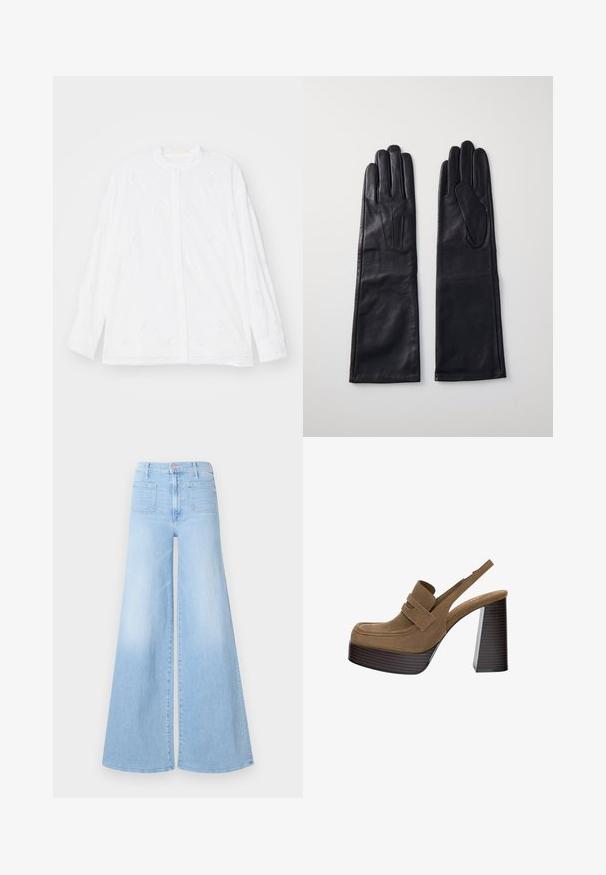 Erdem - Bluzka; Jasnoniebieskie dżinsy o szerokich nogawkach z wysokim stanem, z pięcioma kieszeniami i gładką teksturą denimową. Rozkloszowują się od kolana.; Brązowe zamszowe platformy na obcasie z grubym, żebrowanym słupkiem i szerokim paskiem na górze, ze zaokrąglonym noskiem.; Anna Field - Rękawiczki pięciopalcowe; Zegarek kwarcowy Casio z prostokątną kopertą w kolorze złotym, białą tarczą, złotymi znacznikami godzin oraz brązowym skórzanym paskiem w wzór krokodyla. Wodoszczelny.