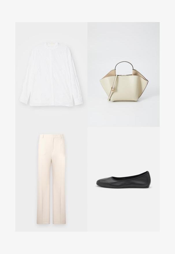 Erdem LONG SLEEVE OPEN BACK - Bluza z gumbi - white; Bež hlače na mere s ravnimi nogavicami, izdelane iz lahkega materiala. Imajo sprednje gube in klasičen pas.; Črne usnjene balerinke z zaobljenim nosom, gladko teksturo, minimalnimi šivi in fleksibilno zasnovo podplata.; Ree Projects ANN - Torbica - beige