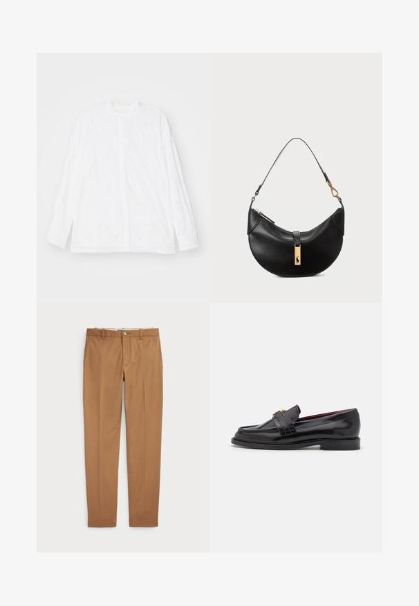 Erdem LONG SLEEVE OPEN BACK - Skjortebluser - white; Brune bomuldsbukser med slim-fit design, flad front og standard lommer; glat tekstur og opkradset afslutninger.; Sorte læder loafers med et stitched-mønster, glat tekstur, guldspænde detalje og en rund tå, sat på en lav sort sål.; Sort læderhåndtaske i halvmåneform. Har en gylden hardwaredetalje og en smal rem. Glat tekstur, lynlås lukning øverst.