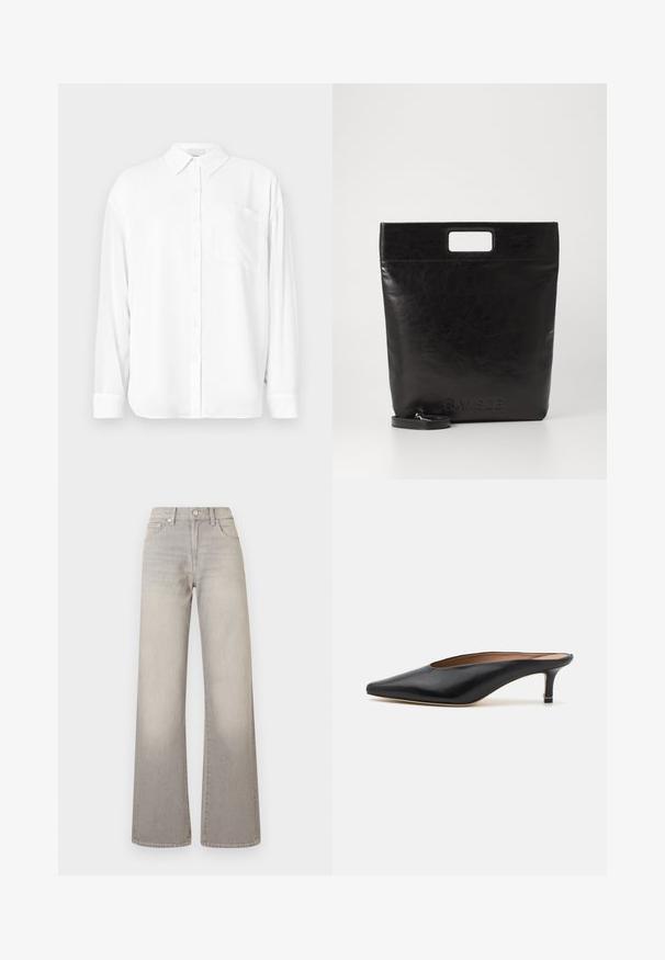 White long-sleeve shirt made of smooth fabric, featuring a classic collar, button front, and a chest pocket on the left side.; Gray wide-leg jeans with a faded finish, button closure, five-pocket design, and stitched detailing along the seams.; Black leather mules with a pointed toe and low, block heel. Smooth texture with a sleek design. Open back with minimal detailing.; Black leather tote bag with a square handle, featuring a textured finish and embossed logo. Includes a detachable strap.