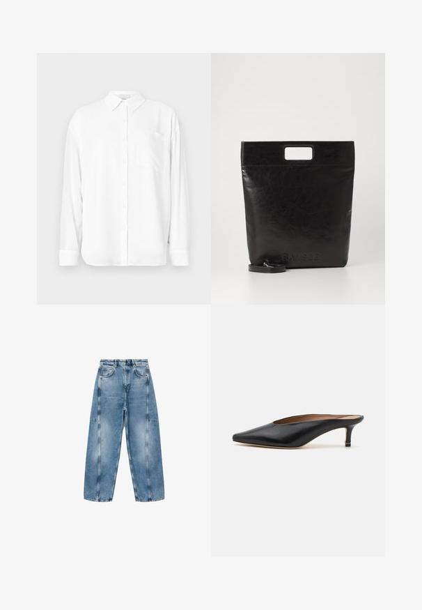 Weißes Langarmhemd aus glattem Stoff, mit klassischem Kragen, Knopfleiste und einer Brusttasche auf der linken Seite.; Hellblaue Denim-Jeans haben eine lockere Passform, große Taschen und kontrastierende Nähte. Der Stoff hat eine ausgeblichene Optik mit einer glatten Textur.; Schwarze Leder-Mules mit spitzem Zehenbereich und niedrigem Blockabsatz. Glatte Textur mit elegantem Design. Offene Rückseite mit minimaler Gestaltung.; Schwarze Leder-Tote-Tasche mit einem quadratischen Griff, ausgestattet mit einer strukturierten Oberfläche und geprägtem Logo. Inklusive abnehmbarem Tragegurt.