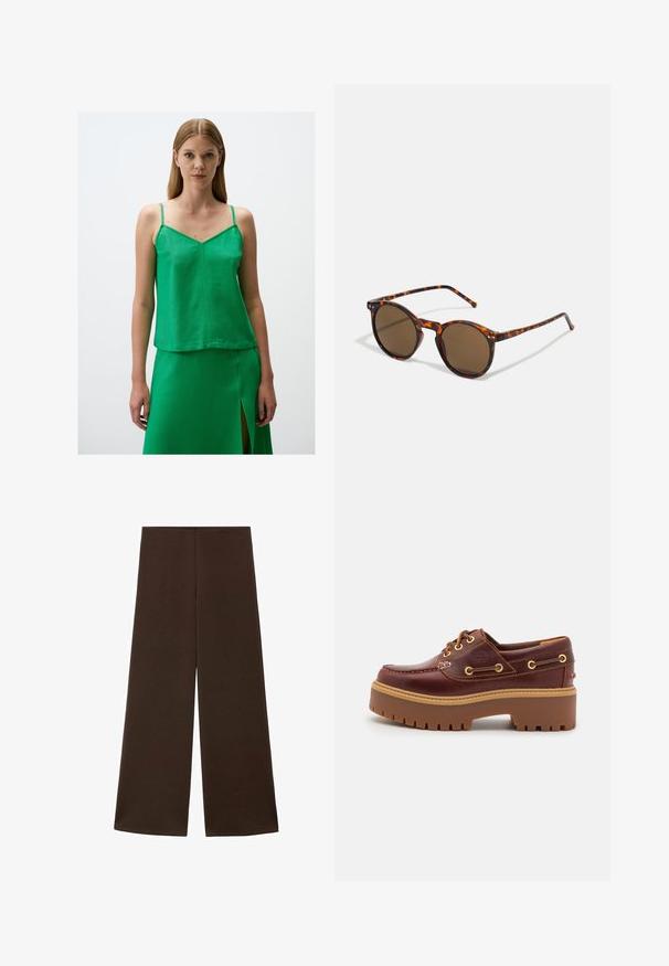 Groene linnen cami-top met dunne bandjes, met een V-hals en een relaxed fit. De textuur is soepel en de stof heeft een matte afwerking.; Wijdvallende broek gemaakt van een gladde, donkerbruine stof. Kenmerkt zich door een hoge tailleband en een minimalistisch ontwerp zonder versieringen.; Bruine leren botenschoenen met een stevige bruine rubberen zool, gouden ogen en contraststiksels. Heeft een logo aan de zijkant.; Ronde zonnebril met een schildpadprint frame en bruine lenzen. Bevat dunne pootjes met een lichte textuur en metalen accenten bij de lenzen.