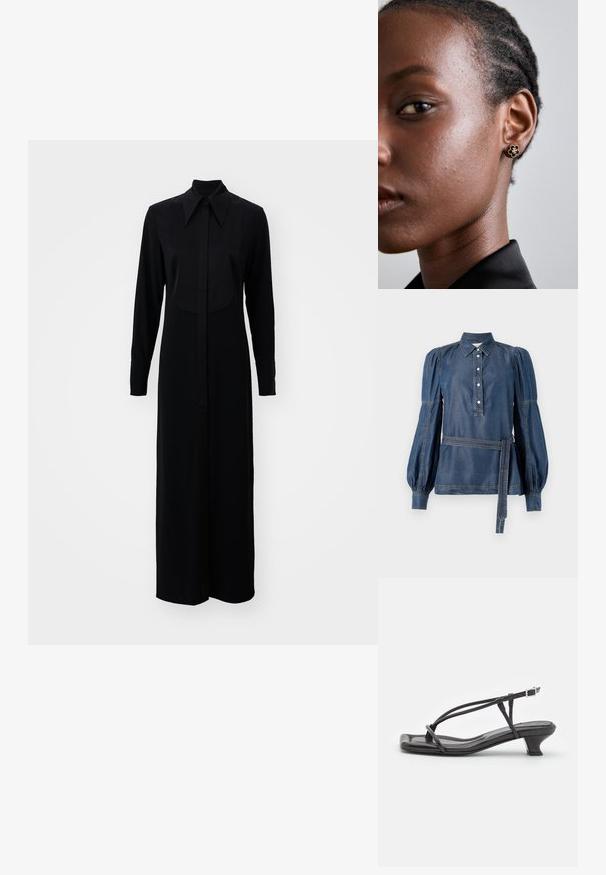 Farmer ing, gallérral, gombos elülső rész, puffos ujjakkal. Övvel ellátott derék, kontrasztos varrással. Sötétkék szín.; Fekete, hosszú ujjú ruha gombos elülső résszel, klasszikus gallérral és egyenes sziluettel, sima anyagból készült.; Fekete bőr szandál vékony pántokkal, alacsony blokk sarkú és négyzetes orrú. Csattal záródik és sima textúrájú.; Fekete steppelt bőr kézitáska gyűrt toppal, arany lánc vállpánttal és téglalap alakú formával, egyszerű háttér előtt tartva.; A fém virágmintás fülbevalónak texturált fekete közepe és finom részletei vannak. A modellen tiszta bőre és fonott haja oldalnézetből látható.