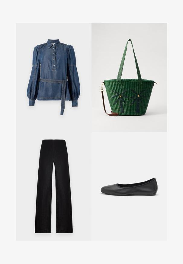Camisa de denim con cuello, tapeta abotonada y mangas abullonadas. Presenta una cintura con cinturón y costuras en contraste. Color azul oscuro.; Pantalones de pierna ancha negros hechos de una tela ligera. Presentan una cintura alta, textura suave y líneas limpias sin bolsillos ni embellishments.; Bailarina de piel negra con punta redondeada, textura suave, detalle de costura minimalista y diseño de suela flexible.; Bolsa de tote tejida verde con diseños de palmeras en verde más oscuro; cuenta con dos asas y una correa de cuero marrón desmontable.