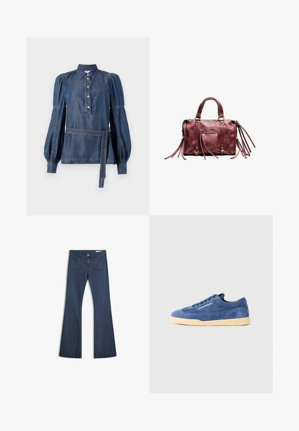 Denim srajca s ovratnikom, gumbi in pufastimi rokavi. Ima pas z pasom in kontrastno šivanje. Temno modra barva.; Temno modri široki kavbojke iz denima s prišitimi žepi, gumbom za zapiranje in gladko teksturo. Imajo klasičen dizajn s petimi žepi.; Modri semiš nizki športni copat z kremasto podplatom, vezalkami in logotipom "EMPORIO ARMANI" na strani, fotografiran na enostavni beli podlagi.; Bordo usnjeni ročni torbica z pletenimi ročaji, okraski iz franja in zlatimi dodatki. Ima sprednji žep z zadrgo in teksturirano površino.