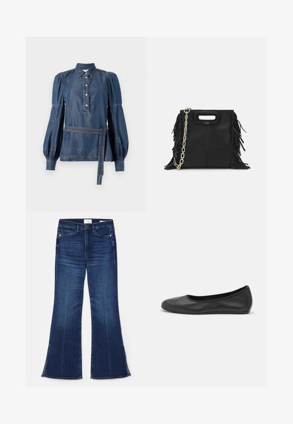 Denim shirt with a collar, buttoned placket, and puffed sleeves. Features a belted waist and contrast stitching. Dark blue color.; Dark blue flared jeans made from denim. Features a high waist, front pockets, and slit details at the hem. Classic five-pocket design.; Black leather ballet flat with a rounded toe, smooth texture, minimal stitching detail, and a flexible sole design.; Black leather handbag with fringe details, gold chain shoulder strap, and a cut-out handle. Features logo placement on the front.
