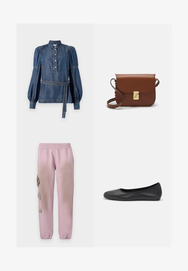 Camicia di denim con colletto, patta con bottoni e maniche a sbuffo. Caratterizzata da una vita con cintura e cuciture a contrasto. Colore blu scuro.; Pantaloni della tuta rosa con vita elastica, caratterizzati da toppe decorative a forma di diamante sul lato sinistro e polsini elastici alle caviglie.; Pantofole da balletto nere in pelle con punta arrotondata, texture liscia, dettagli di cucitura minimi e design con suola flessibile.; Borsa a tracolla in pelle marrone con chiusura a pattina, hardware color oro, tracolla e una finitura liscia. Forma rettangolare compatta.
