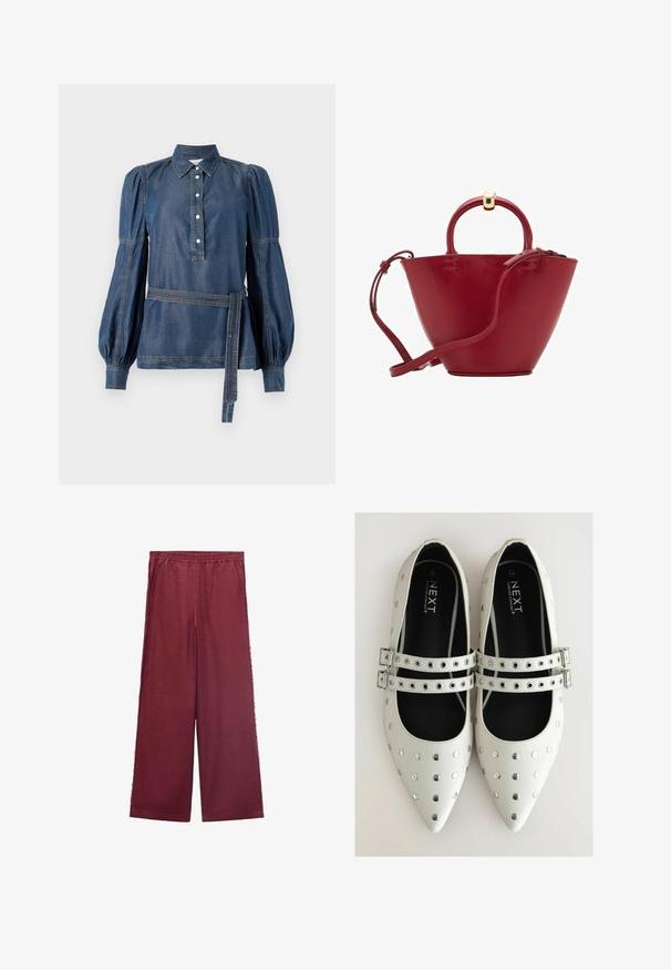 Denim shirt with a collar, buttoned placket, and puffed sleeves. Features a belted waist and contrast stitching. Dark blue color.; Burgundy wide-leg pants made from soft fabric, featuring an elastic waistband, two side pockets, and a relaxed silhouette.; White leather flat shoes with pointed toes, featuring silver studs and two buckle straps across the instep. Black inner lining.; Red leather handbag with a rounded top, structured cone shape, a short handle, and a detachable shoulder strap. Features gold hardware accents.
