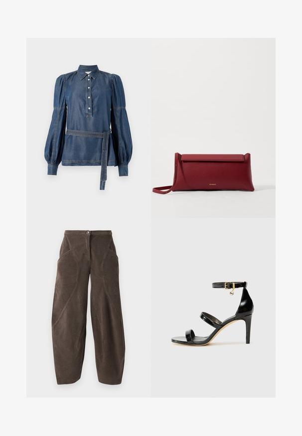 Denimskjorte med krave, knaplukning og pufferærmer. Har en belagt talje og kontrastsyning. Mørkeblå farve.; Brune bredbenede fløjlsbukser med høj talje, frontknaplukning og skrå sømdetaljer på benene.; Sorte patenterede lædersandaler med tre stropper, ankelspænde og 10 cm stiletthæl. Har detaljer i guld og et logo charms.; Rød læder clutchtaske med tekstureret overflade, der har et fladt fold-over top og en kort rem. Diskret logo på fronten.