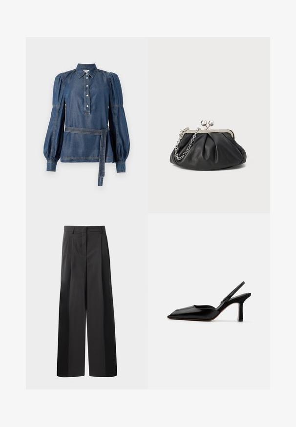 Denim shirt with a collar, buttoned placket, and puffed sleeves. Features a belted waist and contrast stitching. Dark blue color.; Black wide-leg trousers with a high waist, featuring front pleats, a smooth texture, and a tailored finish. Designed for a relaxed fit.; Black leather slingback heel with a pointed toe, minimalist design, thin ankle strap, and a sleek stiletto heel. Smooth texture.; Black leather clutch with gathered texture, silver-tone metal frame, kiss-lock closure, and chain strap. Smooth, soft surface.