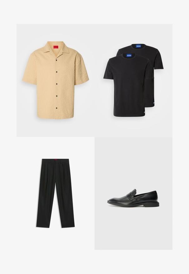 Kortærmet skræddersyet skjorte i lys beige tekstureret stof med et ternet mønster og sorte knapper. Mærket er synligt indeni halsudskæringen.; To sorte bomulds T-shirts med rund halsudskæring, korte ærmer og blå "HUGO" mærker på kraverne og siden.; Sorte bukser med plisseret design, bred benform og en glat tekstur. Har et rødt taljetag.; Sorte læder loafers med en glat tekstur, spids tå og lav rektangulær hæl. Har vandret remdetalje på overdelen.