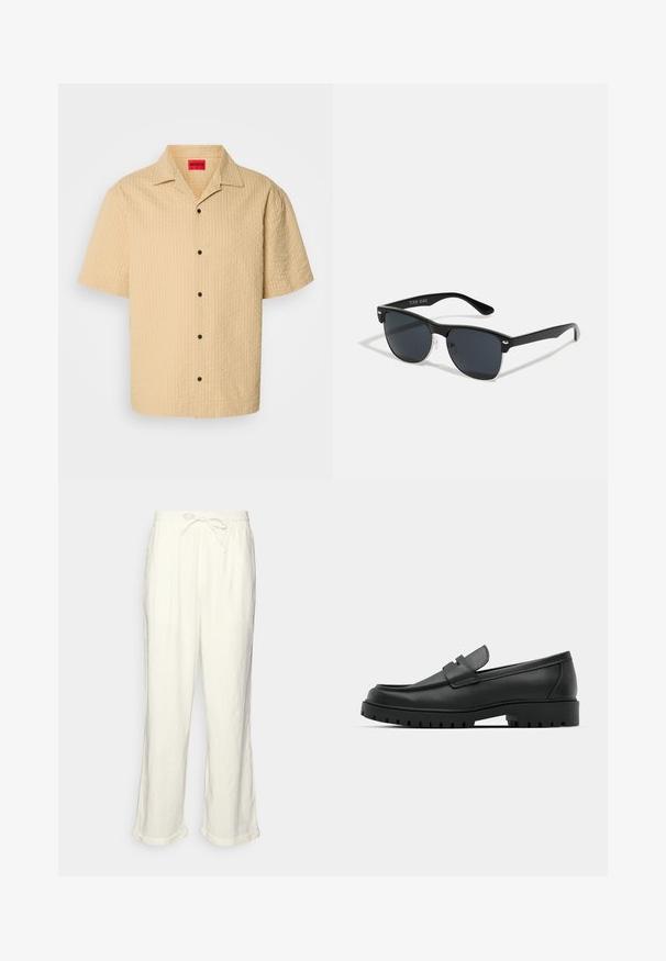 Korte mouwen, overhemd met kraag in lichtbeige textuurstof met een geruit patroon en zwarte knopen. Label zichtbaar in de ronding van de hals.; Linnen broek in gebroken wit met een trekkoord in de taille, iets wijde pijpen en opgerolde manchetten voor een relaxte pasvorm. Geen zakken.; Zwarte leren instappers met een ronde neus, voorzien van een gestikt ontwerp, een lage platformzool en een gestructureerde, grof rubberen buitenzool.; Zwarte zonnebril met een rechthoekige vorm, donkere lenzen, zilveren accenten bij de slapen en een matte afwerking op het montuur.