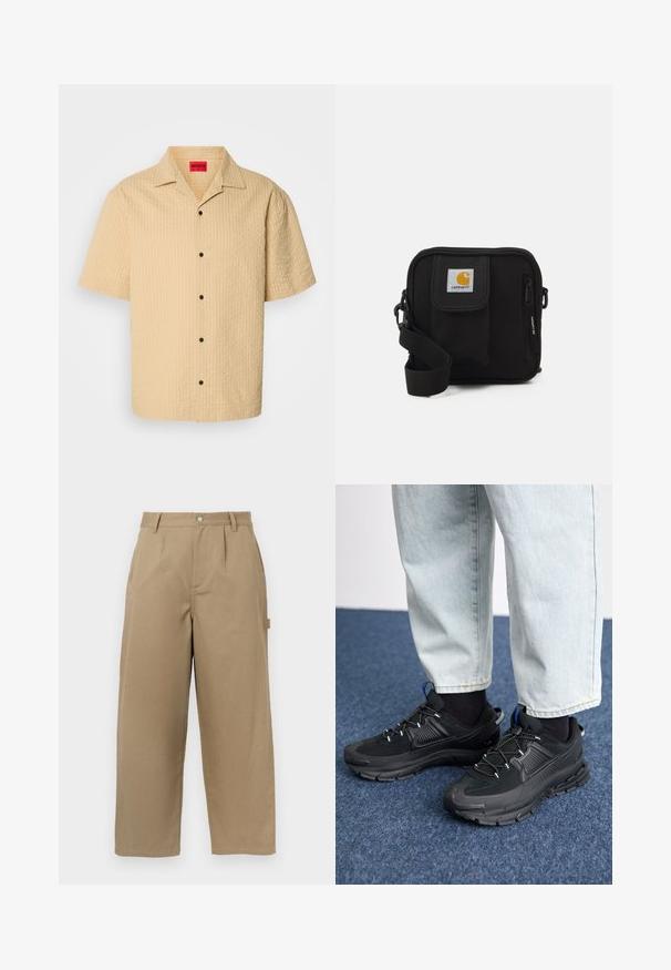 Lühikeste käistega, krae ja kerge beeži tekstuuriga kangas, millel on ruuduline muster ja mustad nööbid. Silt on nähtav kaeluse sees.; Bežid laiad püksid, mis on valmistatud puuvillase segu materjalist, kõrge talje, ees olevate voldikute ja kahe küljetaskuga, millel on nööbiga sulgemine.; Mustad mustad jooksukingad, millel on tekstureeritud kangas ja kummist tallad, elastsed nöörid ning sinine aksent kandadel. Kandmine heledate teksadega.; Mustmust kott, millel on lukkudega peamine ruum, esikott, reguleeritav rihm ja nähtav logofirma kleebis kaasel.