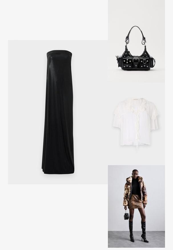 White short-sleeve blouse made of lightweight fabric, featuring ruffle accents around the neckline and sleeves. Ties at the front.; Black strapless maxi dress made of smooth, shiny fabric. Features a fitted bodice and flowing silhouette, reaching the floor without embellishments.; Puffer jacket with a brown and black pattern, paired with a brown snake print mini skirt, black knee-high boots, and a small black bag.; Black leather handbag with a curved design, featuring silver studs, a buckle, and two side pockets. Adjustable strap for carrying options.