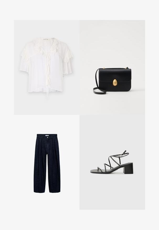 White short-sleeve blouse made of lightweight fabric, featuring ruffle accents around the neckline and sleeves. Ties at the front.; Dark denim wide-leg trousers with pleats at the waist, featuring a front button and belt loops. Smooth texture and full-length design.; Black strappy sandals with a square toe and a chunky heel, made of smooth material. Features adjustable ankle straps and minimal hardware.; Black leather handbag with a structured rectangular shape. Features a golden oval clasp and a thin shoulder strap. Smooth texture.