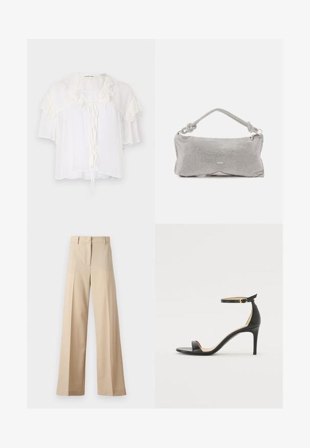 White short-sleeve blouse made of lightweight fabric, featuring ruffle accents around the neckline and sleeves. Ties at the front.; Beige wide-leg trousers made of smooth fabric, featuring a flat front with pleats, a zip fly, and belt loops. Tailored fit overall.; Black leather high-heeled sandal with an ankle strap. Features a smooth texture, open toe, and a thin heel. Gold-toned buckle detail.; Metal mesh shoulder bag in silver, featuring a knotted handle, zip closure, and geometric body shape with a smooth texture.