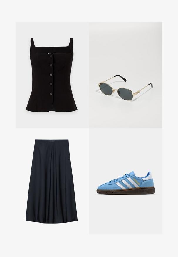 Top negru fără mâneci, cu decolteu pătrat, având un corset ajustat și șase butoni în față. Textură netedă, cu un tiv ușor evazat.; Fustă neagră, până la genunchi, fabricată dintr-un material ușor, cu un design fluid. Prezintă o textură netedă și pliseuri subtile pentru un detaliu suplimentar.; Adidași din suede albastru deschis cu dungi de piele albă, talpă texturată maro și detalii cu logo auriu. Design low-top cu vârf rotunjit.; Ochelari de soare din metal aurit, cu lentile ovale și lentile întunecate. Vârfuri din acetat negru pe brațe. Numele brandului "QUAY" pe lateral.; Geantă de mână din piele ecologică neagră, cu textură matlasată, formă curbată, curea din lanț argintie și un accent mic cu logo în față.
