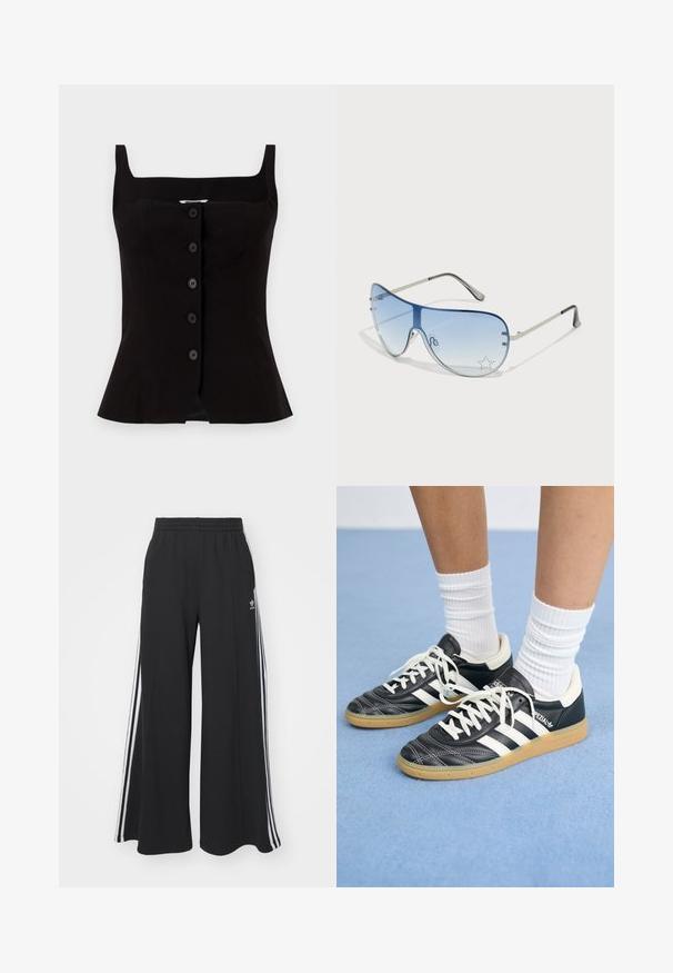 Melna bez piedurknēm blūze ar kvadrātu formas kaklu, ar pieguļošu bodici un sešām pogām priekšpusē. Gluda tekstūra ar nedaudz izplestu apakšmalu.; Melnas plašas sporta bikses ar elastīgu jostasvietu, kurām ir baltas sānu svītras un izšūts logo kreisajā augšstilbā.; Melnas ādas sporta apavus ar baltām svītrām, apaļu purngalu, baltām auklām un gumijas zoli. Izceļas ar mīksto apkakli un zīmola detaļām.; Pilotstila saulesbrilles ar gradienta zilām lēcām, sudraba metāla rāmjiem un dekoratīvām zvaigžņu akcentiem uz lēcām. Gluda un eleganta dizaina.