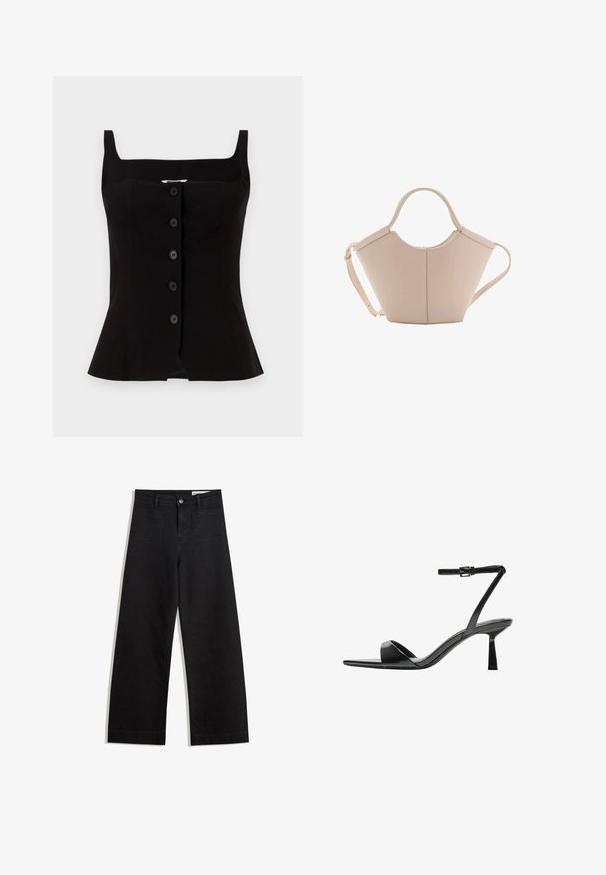 Black sleeveless top with a square neckline, featuring a fitted bodice and six front buttons. Smooth texture with a slightly flared hem.; Black wide-leg denim pants with a high waist, featuring front and back pockets, stitched seams, and a button closure. Smooth texture.; Bershka High heeled sandals - black; Beige leather handbag with a unique shape, featuring two short handles and a long adjustable strap. Smooth texture with minimal hardware.