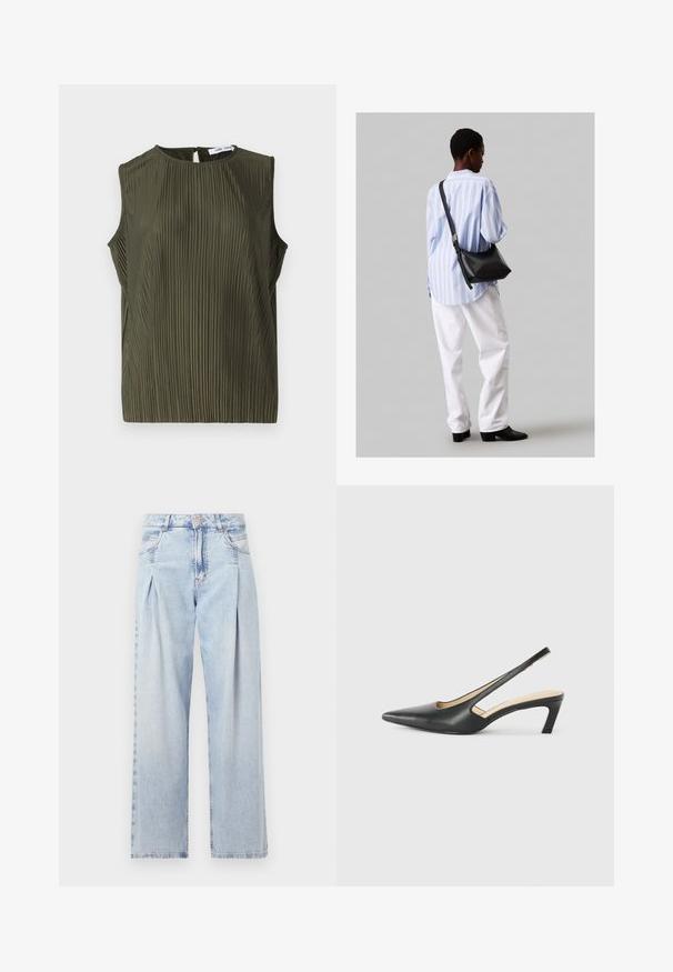 Samsøe Samsøe UMA - Bluse - forest night; Lyseblå denimjeans med høy livlinje, vide ben, to sidelommer og plisserte detaljer. Myk tekstur med en falmet finish.; Svart spiss tå slingback-sko med lav hæl, laget av jevnt skinnmateriale og med utskåret design på siden for pusteevne.; Svart lær skulderveske med en myk tekstur, trekantet form og justerbar stropp, kombinert med en lyseblå stripete skjorte og hvite bukser.