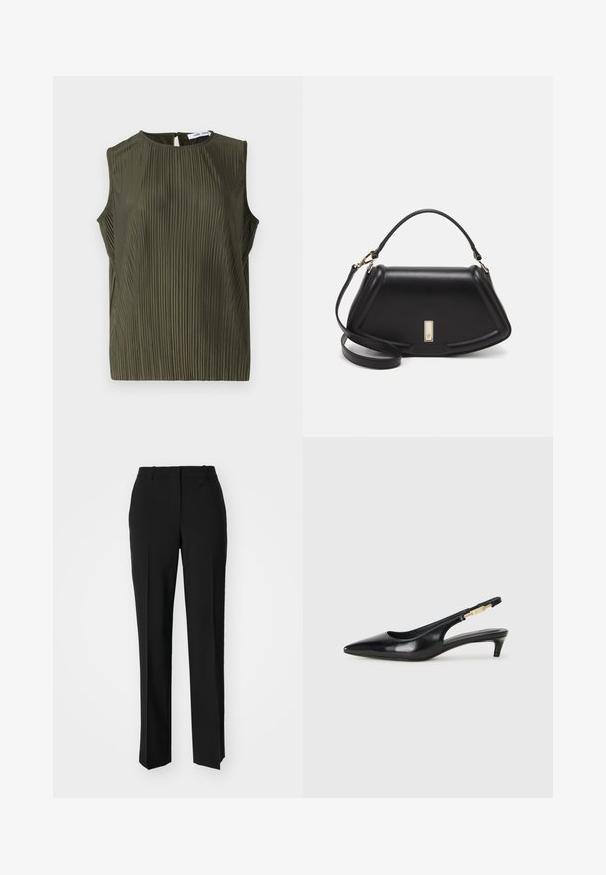 Samsøe Samsøe UMA - Pluus - forest night; Mustad ja sirged püksid, millel on sile tekstuur ja teravad voldid esiosas. Ilma nähtavate detailideta.; Mustad nahast slingback kontsad terava ninaga, millel on õhuke konts ja kuldse tooni aktsent reguleeritaval rihmal. Sile tekstuur.; Must mustrist käekott, millel on struktureeritud disain, lühendatud kuju, ülemine käepide ja kuldne metallist detail. Reguleeritav õlalihm on kaasas.