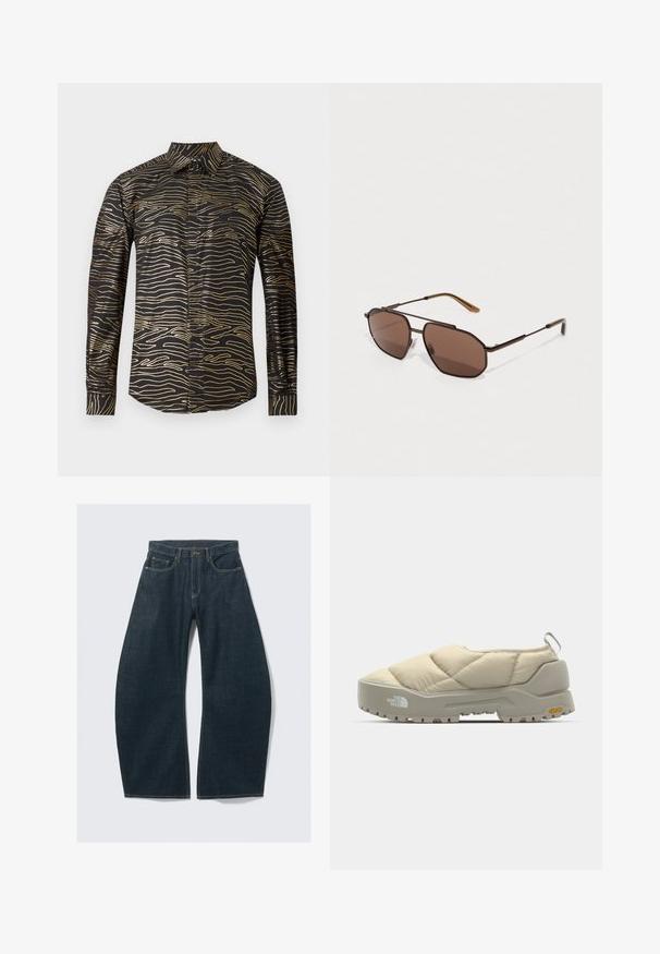 Crna košulja s valovitim zlatnim uzorkom, dugim rukavima i klasičnim ovratnikom, izrađena od glatkog materijala s sjajnom završnom obradom.; Tamnoplave široke traperice od trapera, s pet džepova, vidljivim šavovima, zatvaranjem na gumb i čistim završetkom.; Bež cipelica na klizanje s kviltanom površinom i sivim Vibram potplatom, zaobljenog oblika i stražnjim petljicom. Sadrži logotip na strani i teksturiranu gornju površinu.; Smeđe osmerokutne naočale s tankim okvirom od crnog metala, ukrašene smešnim krakovima. Tamno obojeni leće pružaju zaštitu od UV zraka.