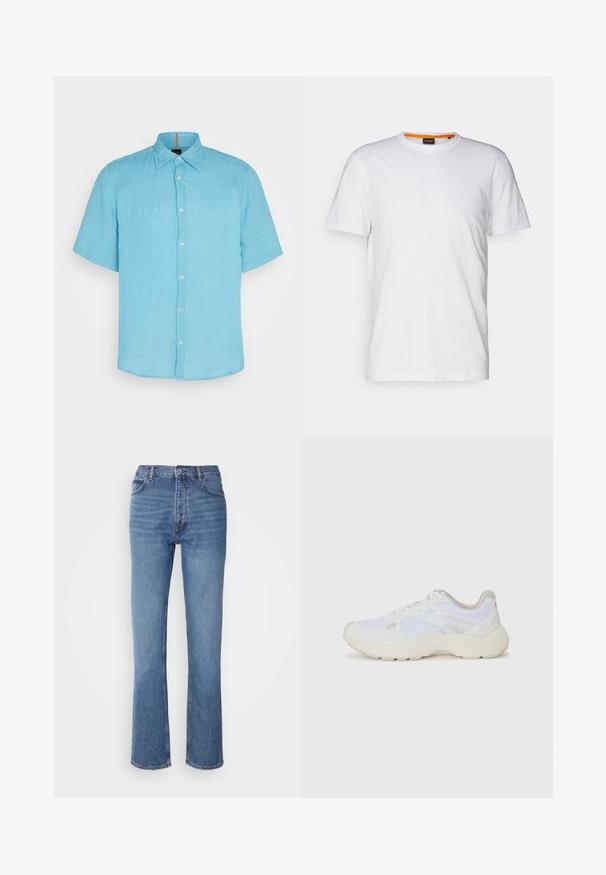 Jasnoniebieska koszula krótko rękawowa z lnu, z zapięciem na guziki z przodu, kołnierzykiem w szpic oraz subtelną teksturą, bez wzorów i akcentów.; Biała bawełniana koszulka z okrągłym dekoltem, krótkimi rękawami oraz subtelnie wytłoczonym logo na klatce piersiowej. Wewnętrzna metka ma pomarańczowy akcent.; Niebieskie dżinsy o wysokim stanie, prostym kroju nogawek i subtelnych przetarciach. Posiadają klasyczny pięciopakowy styl oraz zamek błyskawiczny.; Białe sportowe buty wykonane z siateczki i zamszu, z teksturowaną podeszwą środkową, teksturowanymi akcentami i logo "HUGO" z boku.