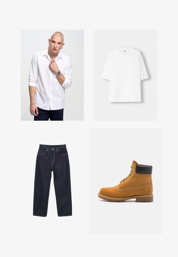 Cămașă albă cu mâneci lungi, cu guler, accentuată cu roșu, asortată cu blugi albaștri. Accesorizată cu bijuterii și o curea de ceas.; Tricou alb cu mânecă scurtă, confecționat din bumbac, cu un decolteu rotund și o croială lejeră. Textură netedă, fără modele sau accente vizibile.; Jeans de denim albastru închis cu o croială confortabilă, prezentând cinci buzunare, cusături galbene contrastante și un sistem de închidere cu nasture în față.; Cizmă de gleznă din întoarsă de culoare bej, cu guler negru căptușit, ochiuri din metal auriu, detalii de cusătură albă și talpă din cauciuc robustă, cu un model pronunțat.