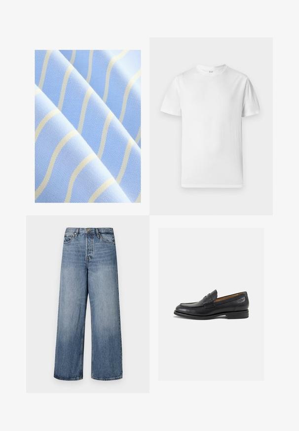 Tela azul claro con finas rayas blancas en ondas. Superficie texturada con un patrón sutil, mostrando una apariencia suave y lisa.; Camiseta blanca de manga corta, hecha de algodón suave. Presenta un cuello redondo y un dobladillo recto con un detalle mínimo.; Jeans de denim azul de pierna ancha con un lavado descolorido, diseño de cinco bolsillos y cierre de botón. Equipados con trabillas y detalles de costura.; Mocasines de cuero negro con un acabado suave, punta redondeada y costuras decorativas en la parte superior. Tacón bajo apilado y un ligero brillo.