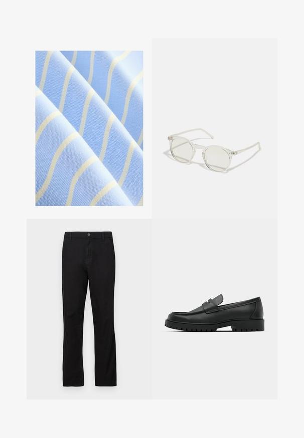 Világoskék szövet vékony, hullámos fehér csíkokkal. Texturált felület finom mintázattal, amely sima és puha megjelenést kölcsönöz.; Fekete pamut nadrág, egyenes szárú kialakítással, gombos záródással, elülső és hátsó zsebekkel, sima textúrával.; Fekete bőr loafer cipők kerek orral, varrott mintázattal, alacsony platformtalpú és texturált, barázdált gumitalppal.; Kerek napszemüveg, átlátszó kerettel, világos zöld lencsékkel és vékony, átlátszó szárakkal. A kereten diszkrét fém kiegészítők találhatók.