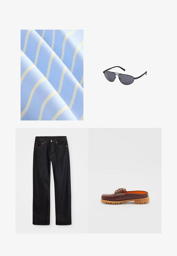 Jasnoniebieska tkanina z cienkimi, falistymi białymi paskami. Teksturowana powierzchnia z subtelnym wzorem, prezentująca gładki i miękki wygląd.; Męskie jeansy w prostym kroju, czarne, z pięcioma kieszeniami oraz pomarańczowymi strefami, z zapięciem na guzik i zamek z przodu w pasie.; Brązowy skórzany but wsuwany z zaokrąglonym czubkiem, teksturowanym detalem w postaci szwów, złotymi oczkami i brązową, ryflowaną podeszwą. Wnętrze ma jasnopomarańczowy kolor.; Czarne okulary pilotki z szarymi soczewkami, cienkimi metalowymi oprawkami, zakrzywionym kształtem i silikonowymi noskami dla komfortu.