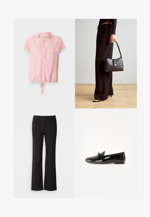 Short-sleeve, collared blouse in pink and white vertical stripes, featuring a button-down front and a drawstring hem. Lightweight fabric.; Black cotton blend trousers with a straight-leg design, front button closure, and two side pockets. Smooth texture, no visible patterns.; Black patent leather loafer with a flat sole, rounded toe, and a decorative strap featuring a gold-tone accent. Smooth, shiny finish.; Black handbag with structured shape, smooth texture, and a metallic clasp. Paired with wide black pants and open-toe sandals on wooden floor.