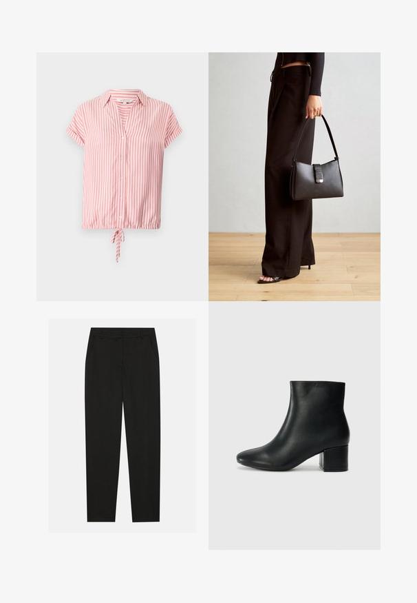 Blusa a maniche corte con colletto in righe verticali rosa e bianche, dotata di chiusura con bottoni frontale e orlo con cordino. Tessuto leggero.; Pantaloni neri dal design sartoriale, con tasche laterali e gamba dritta. Realizzati in tessuto liscio e leggero con una finitura elegante.; Stivali neri in pelle fino alla caviglia con punta appuntita e tacco spesso. Texture liscia con minimi dettagli e un design elegante e aderente.; Borsa nera con forma strutturata, texture liscia e una chiusura metallica. Abbinata a pantaloni neri larghi e sandali open-toe su un pavimento in legno.