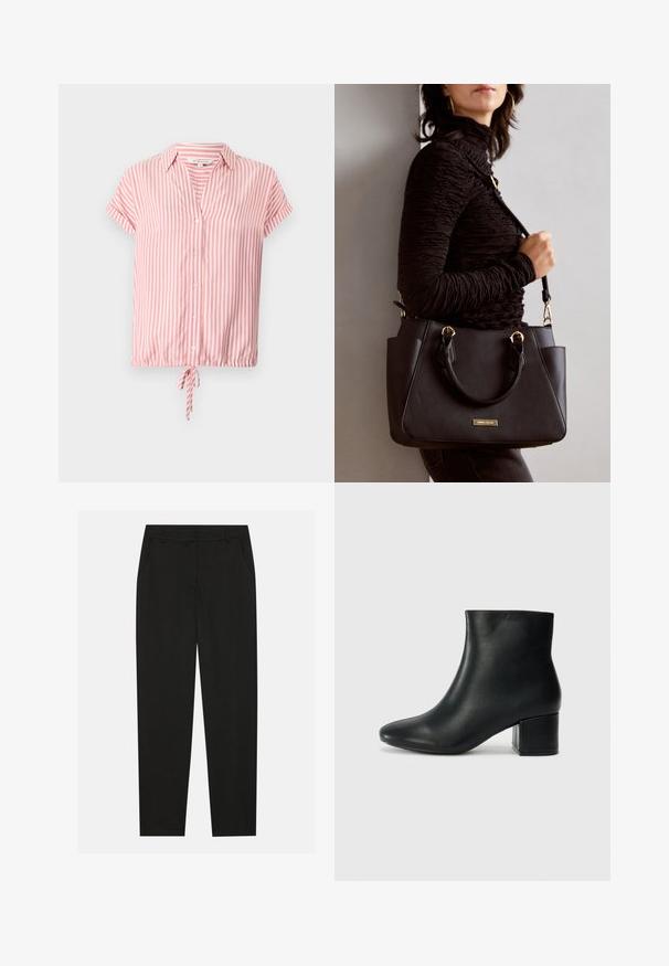 Bluzica s kratkimi rokavi in ovratnikom v roza in beli vertikalni črtasti vzorec, z zapenjanjem spredaj in z vrvico na robu. Lahka tkanina.; Črne hlače z oblikovanim krojem, ki imajo stranske žepke in ravno nogavico. Narejene so iz gladkega, lahkotnega materiala z elegantnim zaključkom.; Črne usnjene gležnjarje s koničastim nosom in debelim peto. Gladka tekstura z minimalnimi detajli in eleganten, prilegajoč dizajn.; Črna torbica z teksturirano površino, z dvema zgornjima ročajema in nastavljivim ramenskim pasom. Ima zlatovrateče dodatke in stranske žepe.