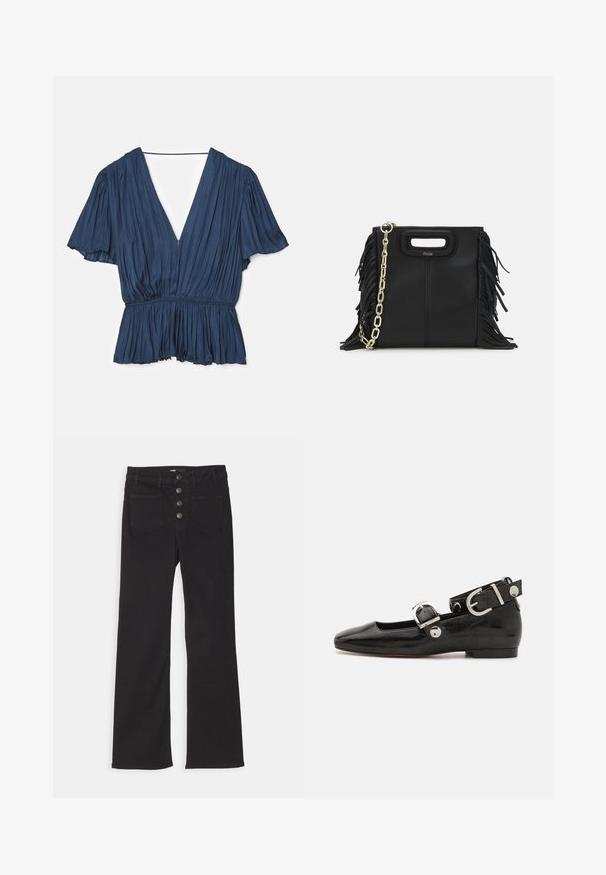 Maje LEVILLY granatowy; Czarne jeansy dżinsowe z szerokimi nogawkami, wysoka talia, pięć kieszeni oraz zapięcie na guziki z przodu z czterema metalowymi guzikami.; Czarne lakierowane baleriny z kwadratowym noskiem, z paskiem na kostkę z metalowymi elementami w kolorze srebrnym oraz płaską podeszwą. Gładka textura i minimalistyczny design.; Czarna skórzana torebka na ramię z frędzlami, złotym łańcuszkiem oraz wyciętym uchwytem. Posiada umieszczone na przodzie logo.