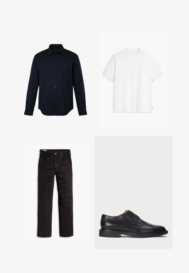 Marineblauwe overhemd met lange mouwen, katoenmix, puntkraag, subtiel logo op de borst, enkele manchette detail, gestructureerde pasvorm.; Wit katoenen T-shirt met korte mouwen, ronde hals en een subtiel "Levi's" logo in een lichte kleur op de voorkant gedrukt.; Zwarte recht gesneden denim jeans met vijf zakken, knoopsluiting en riemlussen, plat gelegd op een witte achtergrond.; Zwart leren dresschoen met een ronde neus, vetersluiting en een lage gestapelde hak. Gladde textuur met minimale stiksels.