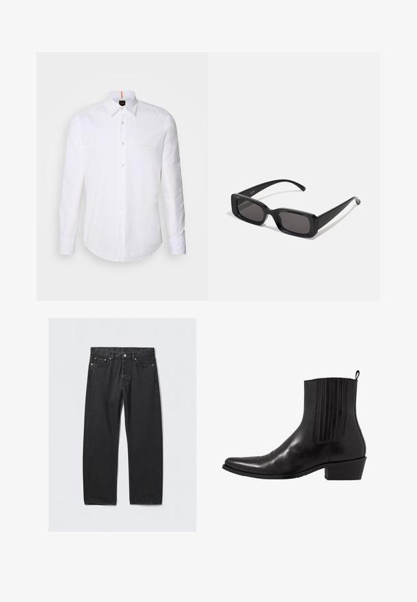 Witte langwerpige overhemd met lange mouwen van katoen, met een klassieke kraag, een subtiel logo dicht bij de borst en witte knopen.; Zwarte denim jeans met een rechte pijp, voorzien van een knoopsluiting, vijf zakken en hardwareaccenten in koperkleur. Soepele textuur.; Zwarte leren enkellaarzen met een spitse neus, elastische zijpanele, verticale stiksels en een lage blokhak.; Zwarte rechthoekige zonnebril met donkere lenzen, glanzende afwerking, brede pootjes en een robuust frameontwerp. Gegraveerde merknaam op één van de pootjes.