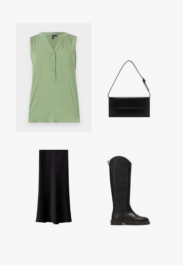 Svetlozelený bezrukávový top s predným zapínaním na gombíky, výstrihom do V, zhromaždenými detailami na pleciach a hladkou textúrou.; Biele tričko s krátkymi rukávmi vyrobené z hladkej bavlnenej tkaniny, s okrúhlym výstrihom a voľným strihom so zastrihnutými okrajmi.; Čierna midi sukňa vyrobená z hladkého, ľahkého materiálu. Má rovný strih, žiadne viditeľné kovanie a jednoduchý dizajn bez vzorov.; Čierne kožené čižmy po kolená s hladkým povrchom, zaobleným vrchom, pevným podešvou a minimalistickým dizajnom. Obsahujú pútko na zadnej strane pre jednoduché obúvanie.; Mango Kabelka - black