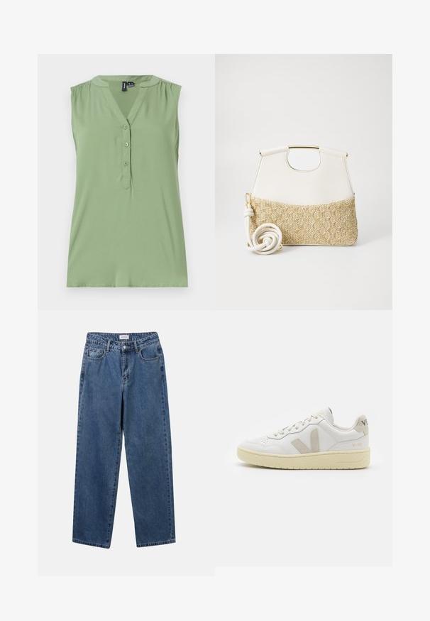 Világoszöld, ujjatlan felső, gombos elülső résszel, V-nyakkivágással, ráncolt vállrésszel és sima textúrával.; Klasszikus kék farmernadrág egyenes szárú dizájnal, öt zsebbel és gombos zárással. Közepes mosású és strapabíró textúrával rendelkezik.; Fehér bőr sneaker bézs velúr részletekkel, perforált orr résszel, lapos fűzőkkel és textúrált krémszínű talppal. Finom márkajelzés található a sarkán.; Fehér bőr kézitáska texturált krémszínű, szőtt anyagú aljjal. Aranyszínű fogantyúval és tekert fehér pánttal rendelkezik a sokoldalúság érdekében.