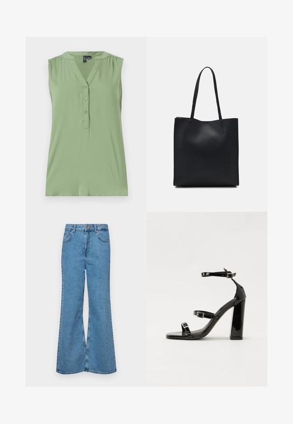 Camisola sem mangas de tom verde claro, com fecho de botões à frente, decote em V, detalhe de ombros franzidos e textura suave.; Jeans de brim azuis claros, com corte à boca de sino, apresentando uma cintura alta, cinco bolsos e um fecho de botão único. Textura macia com acabamento desbotado.; Sandálias de tacão preto laqueadas com bico quadrado, tiras para o tornozelo e fivelas prateadas. Apresentam um salto bloco chunky para estabilidade.; Bolsa tote preta em couro com textura lisa, forma retangular e duas alças longas. Sem hardware ou enfeites visíveis.