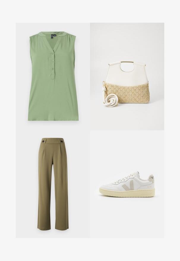 Svetlozelený bezrukávový top s predným zapínaním na gombíky, výstrihom do V, zhromaždenými detailami na pleciach a hladkou textúrou.; Olivovo zelené, široké nohavice s vysokým pásom, so zdvojenými čiernymi gombíkmi na páse a prednými sklady. Hladká textúra látky.; Biele kožené tenisky s béžovými semišovými akcentmi, perforovanou špičkou, plochými šnúrkami a textúrovanou krémovou podrážkou. Obsahujú jemné označenie na päte.; Biely kožený kabelka so štruktúrovaným krémovým tkaným dnom. Obsahuje zlatý úchyt a vinutý biely popruh pre univerzálnosť.