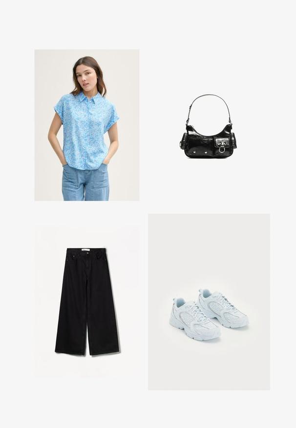 Himmelblaues Kurzarmbluse mit kleinem weißen Blumenmuster, Knopfleiste und lockerer Passform. Kombiniert mit hellblauen Jeanshosen.; Bershka WIDE-LEG - Wide Leg - black; Hellblaue Sportschuhe mit einem Obermaterial aus Mesh und Synthetik, ausgestattet mit weißen Punkten und reflektierenden Akzenten, Schnürdesign und gepolsterten Sohlen.; Schwarze Lackleder-Handtasche mit geschwungenem Design, einem Schulterriemen, Vordertaschen und silberfarbenen Hardware-Akzenten.