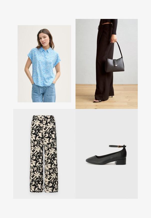 Blusa azzurra a maniche corte con piccolo motivo floreale bianco, chiusura con bottoni e vestibilità ampia. Abbinata a pantaloni in denim azzurro.; Pantaloni larghi neri con un motivo floreale crema. Realizzati in tessuto leggero, con una texture liscia e una vita alta.; Pump in pelle nera con punta affusolata e tacco basso a blocco. Presenta una cinghia alla caviglia con una fibbia in tonalità oro. Texture liscia.; Borsa nera con forma strutturata, texture liscia e una chiusura metallica. Abbinata a pantaloni neri larghi e sandali open-toe su un pavimento in legno.