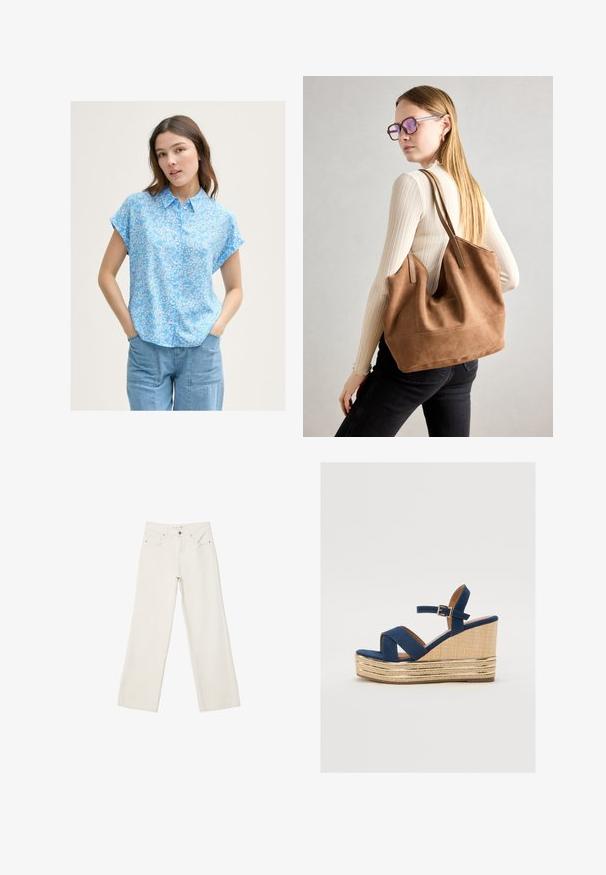 Himmelblaues Kurzarmbluse mit kleinem weißen Blumenmuster, Knopfleiste und lockerer Passform. Kombiniert mit hellblauen Jeanshosen.; Weiße lässige Jeans aus Denim mit hochgeschnittenem Bund, Fronttaschen und Knopfverschluss. Schlichtes Design mit minimalen Akzenten.; Marineblaue Keil-Sandale mit überkreuzten Riemen, einer strukturierten Plattform aus Naturfasern und einem goldenen Metallakzent an der Basis.; Braune Wildleder-Tasche mit weicher Textur, großer Öffnung und langen Trägern. Sie verfügt über ein simples Design mit sichtbarem Stich und ohne Beschläge.
