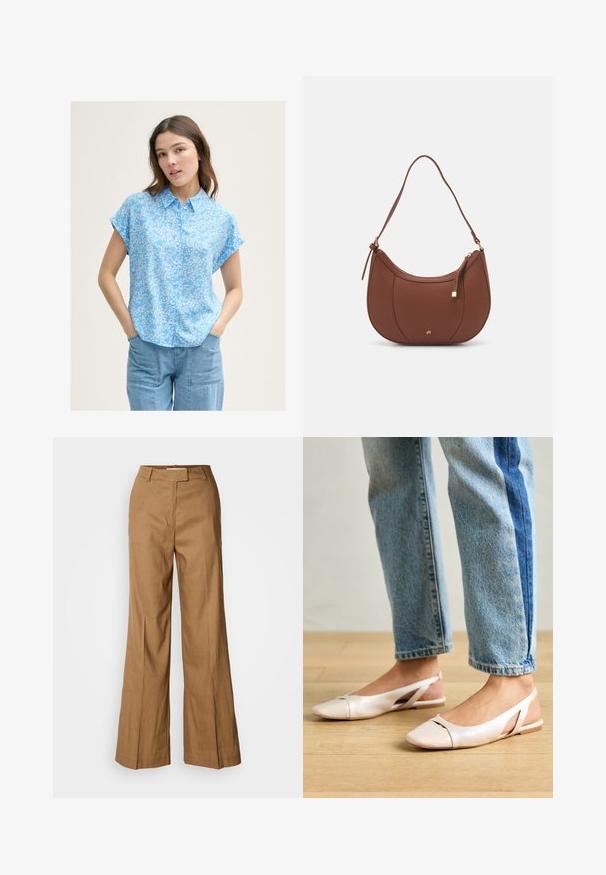 Gaiši zila īsām piedurknēm blūze ar nelielu baltu ziedu rakstu, ar pogu aizdari priekšā un brīvu piegriezumu. Saskaņota ar gaiši zilām džinsu biksēm.; Brūnas platās bikses, kas izgatavotas no viegla auduma. Ievērojama plakanā priekšpuse, jostas cilpas un piegriezums ar potītes garumu.; Bālti rozā siksniņu dzīvokļi ar smailu purngalu, izgatavoti no gludas ādas līdzīgās materiāla. Iezīmē izgriezumu detaļas sānos un platu papēdi.; Brūns mākslīgās ādas pleca soma ar izliekta forma, minimāls šuvums un zelta toņa aparatūras akcenti. Aprīkota ar augšējo rāvējslēdzēju un regulējamu siksnu.