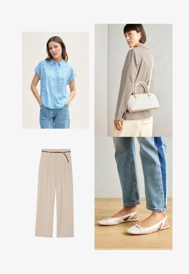 Vaaleansininen lyhythihainen pusero, jossa on pieniä valkoisia kukkakuviota, nappikiinnitys edessä ja reilu malli. Yhdistetty vaaleansinisiin farkkuihin.; Vaaleanbeiget leveälahkeiset housut, joissa on laskokset, valmistettu kevyestä kankaasta. Housuissa on punottu ruskea vyö ja suora helma.; Vaaleanpunaiset slingback-ballerinat, joissa on terävä kärki, valmistettu sileästä nahkamaisesta materiaalista. Sivujen leikkuuyksityiskohdat ja tasapohja.; Valkoinen rakenteellinen käsilaukku, jossa on lyhyet kahvat ja olkahihna, varustettu kultaisilla metalliosilla ja tekstuurilla, esillä harmaata taustaa vasten.