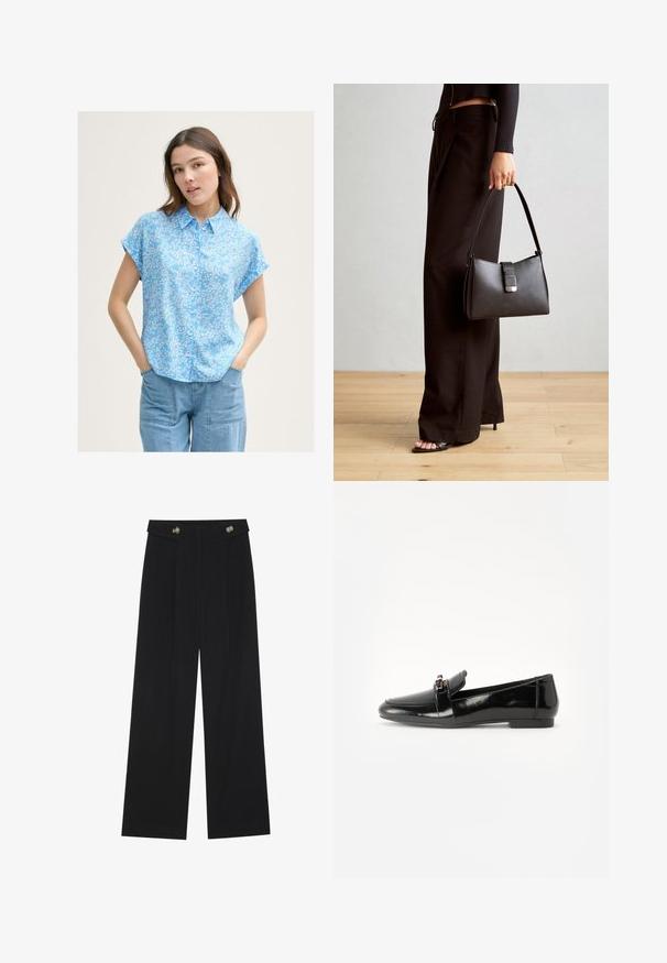 Blusa de manga corta azul claro con pequeño patrón floral blanco, con botones en la parte delantera y un corte holgado. Combinada con pantalones de mezclilla azul claro.; Pantalones de pierna ancha negros con cintura alta, detalles de botones en la cinturilla y pliegues en la parte delantera.; Mocasín de charol negro con suela plana, punta redonda y una correa decorativa con un acento en tono dorado. Acabado suave y brillante.; Bolso negro con forma estructurada, textura suave y un cierre metálico. Combinado con pantalones anchos negros y sandalias de dedo en un suelo de madera.