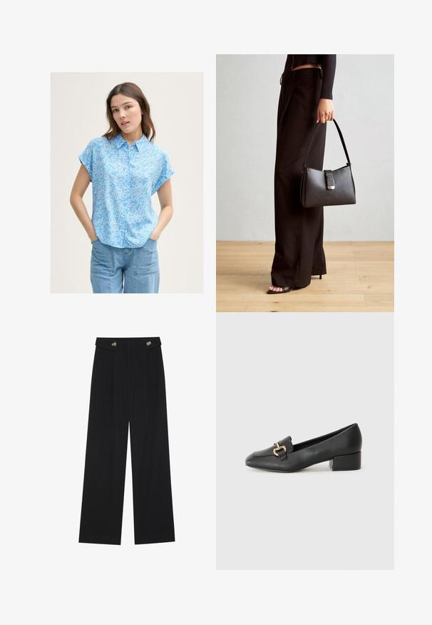 Blusa azzurra a maniche corte con piccolo motivo floreale bianco, chiusura con bottoni e vestibilità ampia. Abbinata a pantaloni in denim azzurro.; Pantaloni neri a gamba larga con vita alta, dettagli con bottoni in vita e pieghe frontali.; Mocassini in pelle nera con tacco piatto, dotati di un dettaglio decorativo in metallo dorato nella parte anteriore e una superficie liscia.; Borsa nera con forma strutturata, texture liscia e una chiusura metallica. Abbinata a pantaloni neri larghi e sandali open-toe su un pavimento in legno.