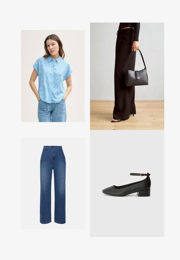 Šviesiai mėlyna trumpomis rankovėmis bluzelė su mažomis baltomis gėlių raštais, su sagų užsegimu priekyje ir laisvu siluetu. Suderinta su šviesiai mėlynomis džinsinėmis kelnėmis.; Aukštos liemens džinsai, vidutinio mėlynumo. Yra priekiniai mygtukų akcentai ir plati kojų forma. Audinys turi lygią tekstūrą su lengvu apdailos nusidėvėjimu.; Juodas odinis aukštakulnis batelis su smailiu pirštu ir žemu bloku. Su kulkšnies dirželiu su auksinės spalvos sagtimi. Lygus paviršius.; Juodas rankinė struktūrizuota forma, lygi tekstūra ir metalinis užsegimas. Suporuota su plačiomis juodomis kelnėmis ir atvirais bateliais ant medinių grindų.