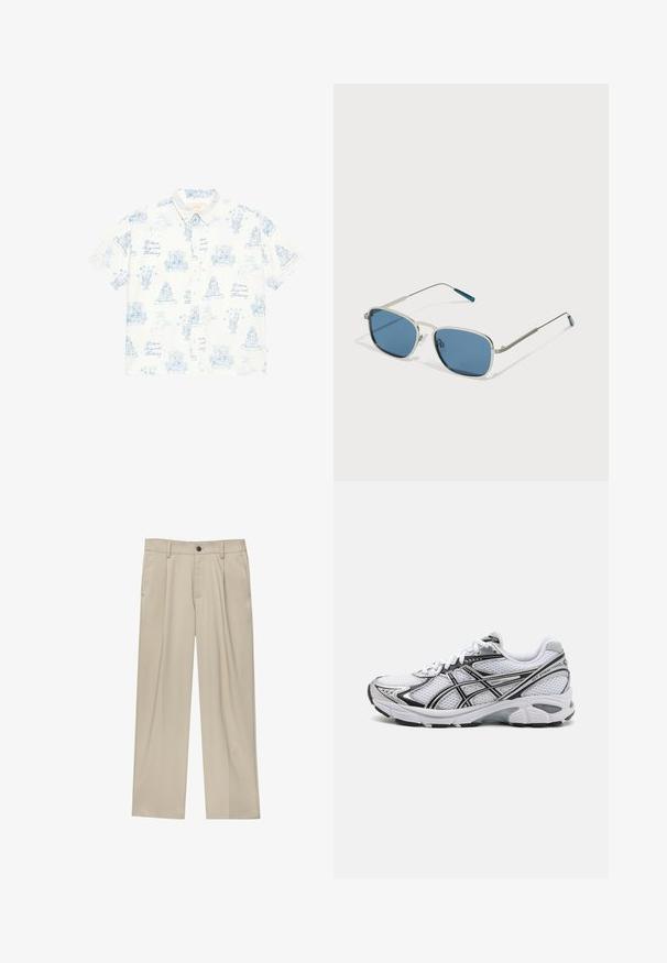 Kortærmet skjorte med knapper i hvid med lyseblå trykte skitser, der viser forskellige udendørsscener, blomster og dekorative elementer.; Hvid bomulds tanktop med rund halsudskæring, brede skulderstropper og lige kant, der har en glat tekstur og uden synlige mønstre.; Beige bukser med lige snit, der har en enkelt sort knap, bæltestropper og sidelommer. Glat stoftekstur og minimalistisk design.; Hvid sportssko med en mesh-overdel, sorte accenter og sølvdetaljer. Har en polstret sål og snørebåndsdesign for støtte.; Solsorte med en sølvmetalramme, rektangulære blå linser og tynde stænger. Har blå detaljer på stangens spidser.